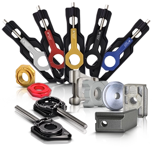 Motorcycle chain tensioners and accessories in various colors and designs.